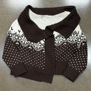 Decree Brown White Fair Isle Snowflake Cropped Open Front Cardigan Sweater M